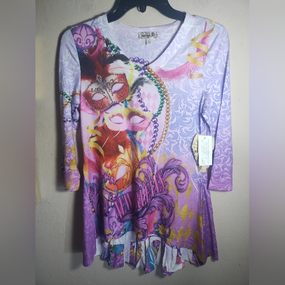 New One World Top Tunic Shirt Colorful New Orleans Artsy Art To Wear Mardi Gras